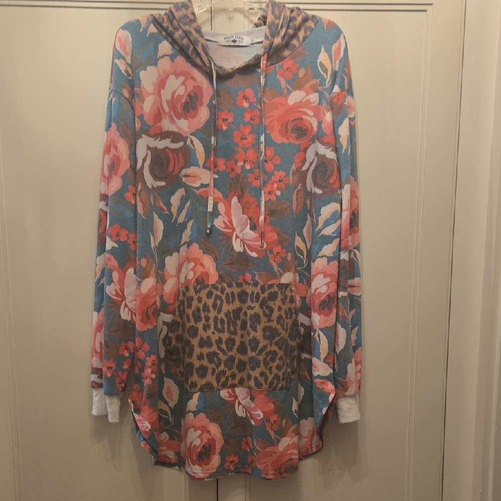 Crazy Train Pastel Floral Hoodie with Leopard Detail